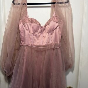 Sheer Blush Pink Long-Sleeve Tulle Midi Dress with Bustier Bodice